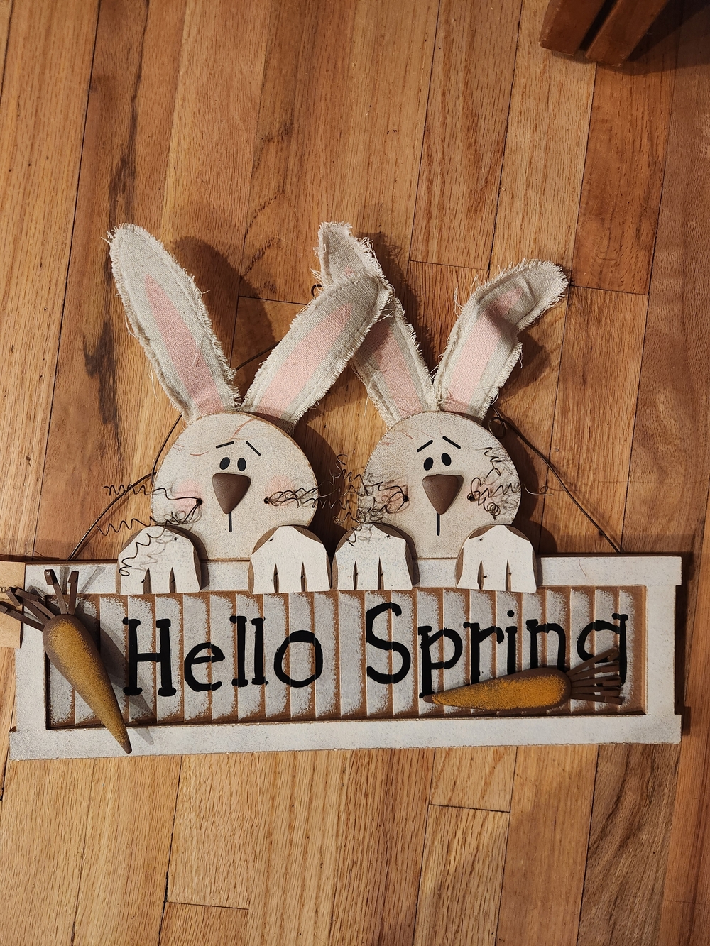 New Hello Spring Bunny Wooden Wall Sign With Wire Hanger, Easter